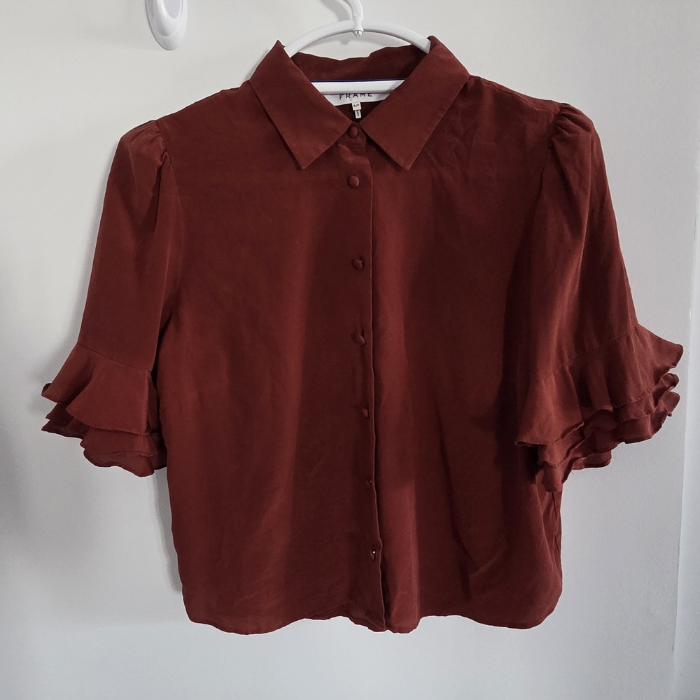 Frame Silk Red Button-Up Blouse with Ruffle Sleeves - Picture 3 of 4